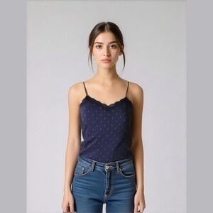 Aeropostale Navy Blue Cami Camisole Size Small Lace Trim Shelf Bra Stretchy NWOT